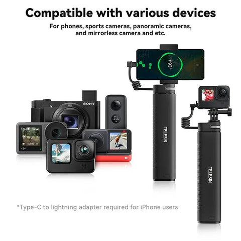 Telesin Selfie-stang med 10000mAh Powerbank, USB-C, QC / PD 18W, 216-900mm - Sæt