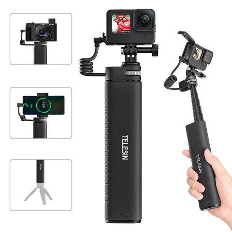 Telesin Selfie-stang med 10000mAh Powerbank, USB-C, QC / PD 18W, 216-900mm - Sæt