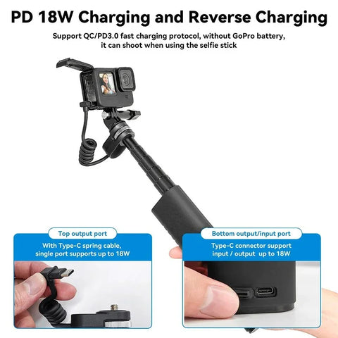 Telesin Selfie-stang med 10000mAh Powerbank, USB-C, QC / PD 18W, 216-900mm - Sæt