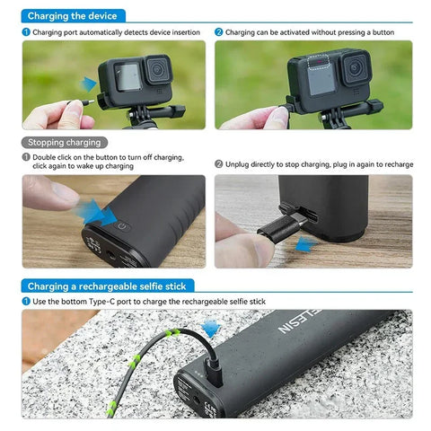 Telesin Selfie-stang med 10000mAh Powerbank, USB-C, QC / PD 18W, 216-900mm - Sæt