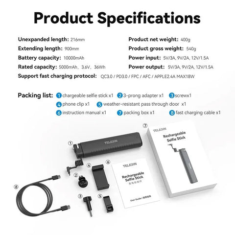 Telesin Selfie-stang med 10000mAh Powerbank, USB-C, QC / PD 18W, 216-900mm - Sæt