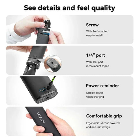 Telesin Selfie-stang med 10000mAh Powerbank, USB-C, QC / PD 18W, 216-900mm - Sæt
