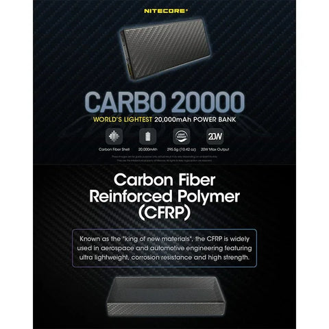 Nitecore CARBO 20000 Powerbank - Bærbart batteri - 20000mAh, 2xUSB Type A/C, QC 3.0 / PD 20W, 5V, 3A - Kulfiber