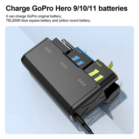 Telesin Batterioplader Lommeboks med opbevaring til 3 batterier + 2 microSD - Til GoPro Hero12/11/10/9 Sort