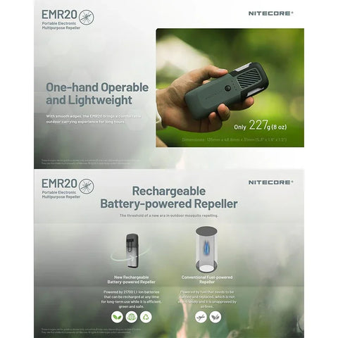 Nitecore EMR20 Bærbar Myggespray med Powerbank QC/PD 18W - Genopladelig 10000mAh