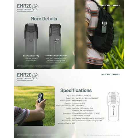 Nitecore EMR20 Bærbar Myggespray med Powerbank QC/PD 18W - Genopladelig 10000mAh