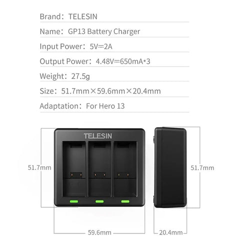 Telesin Batterioplader - Tredobbelt - til GoPro Hero13 Sort