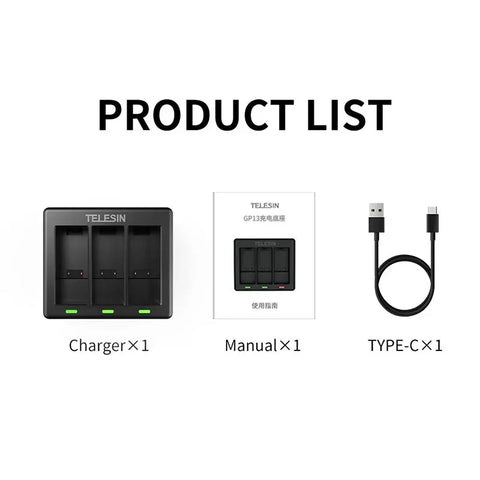 Telesin Batterioplader - Tredobbelt - til GoPro Hero13 Sort