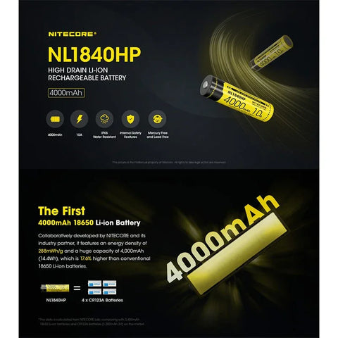 Nitecore NL1840HP Li-ion 18650 Batteri - 4000mAh, 3.6V, Maks. 10A