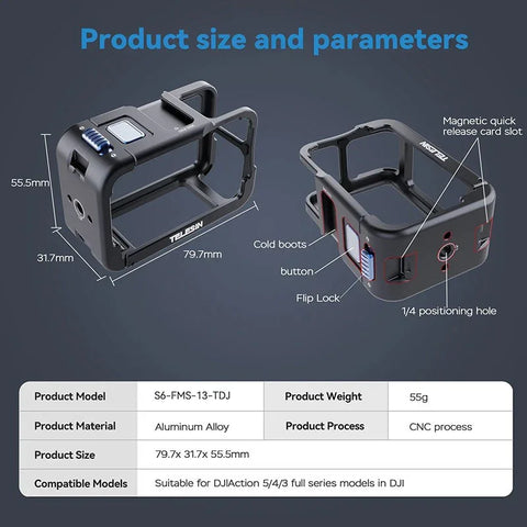 Telesin Beskyttelsesramme Multifunktion med kold sko til DJI Action 5 Pro/4/3 - Aluminium