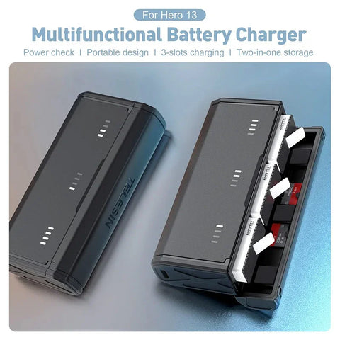 Telesin Batterioplader Lommeboks med opbevaring til 3 batterier + 2 microSD - Til GoPro Hero13 Sort