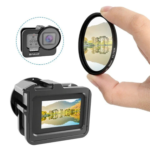 Puluz Beskyttelsesramme Vlog Aluminium med tilbehørsholder cold shoe og UV-filter til GoPro Hero12/11/10/9 Sort