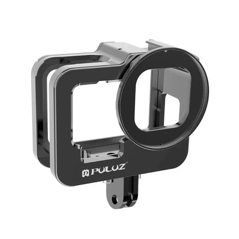 Puluz Beskyttelsesramme Vlog Aluminium med tilbehørsholder cold shoe og UV-filter til GoPro Hero12/11/10/9 Sort