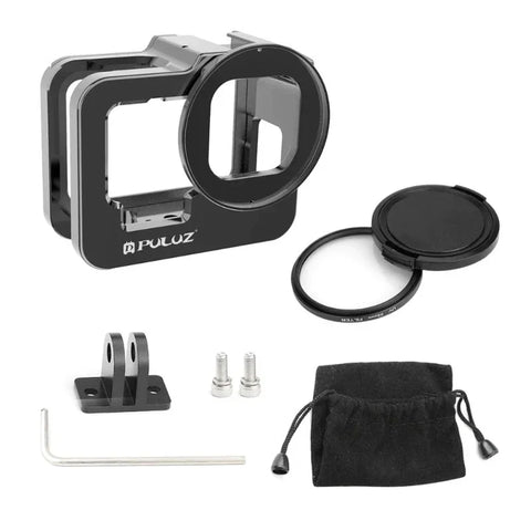 Puluz Beskyttelsesramme Vlog Aluminium med tilbehørsholder cold shoe og UV-filter til GoPro Hero12/11/10/9 Sort