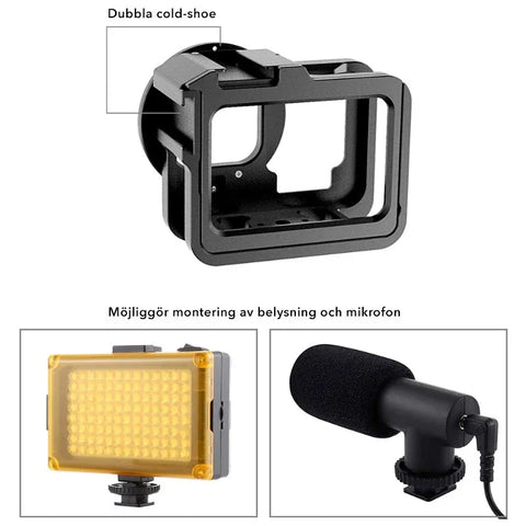 Puluz Beskyttelsesramme Vlog Aluminium med tilbehørsholder cold shoe og UV-filter til GoPro Hero12/11/10/9 Sort