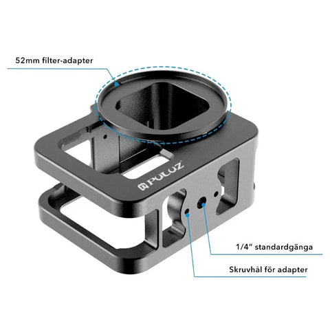 Puluz Beskyttelsesramme Vlog Aluminium med tilbehørsholder cold shoe og UV-filter til GoPro Hero12/11/10/9 Sort