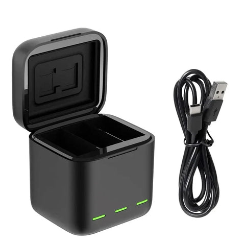 Telesin Batterioplader med Opbevaring til Batterier + microSD - Triple - til GoPro Hero12/11/10/9 Sort