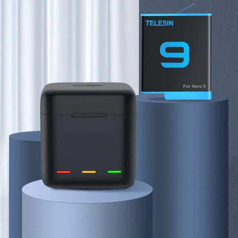Telesin Batterioplader med Opbevaring til Batterier + microSD - Triple - til GoPro Hero12/11/10/9 Sort