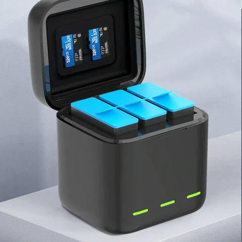 Telesin Batterioplader med Opbevaring til Batterier + microSD - Triple - til GoPro Hero12/11/10/9 Sort