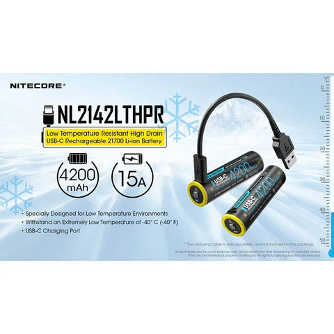 Nitecore NL2142LTHPR Li-ion 21700 Batteri Lav Temperatur - 4200mAh, 3.6V, Maks. 15A, USB-C Opladning
