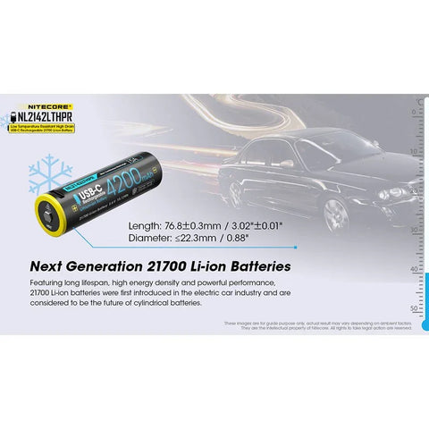 Nitecore NL2142LTHPR Li-ion 21700 Batteri Lav Temperatur - 4200mAh, 3.6V, Maks. 15A, USB-C Opladning