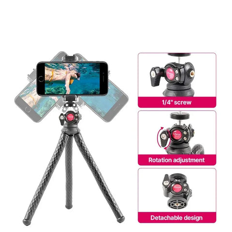Ulanzi FT-01 Stativ fleksibelt 360 graders kuglehoved 1/4" skrue / Mobilholder / Tilbehørssko - Octopus