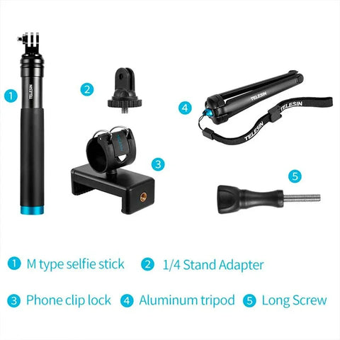 Telesin Tripod - Selfiestang GoPro med Mobilholder - Aluminium 200-900mm