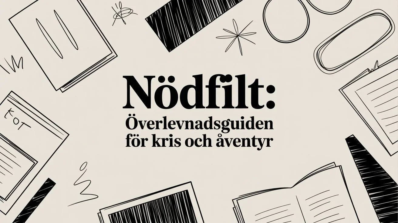 Texten "Nödfilt: Överlevnadsguiden för kris och äventyr" med enkla illustrationer av böcker och papper runtom