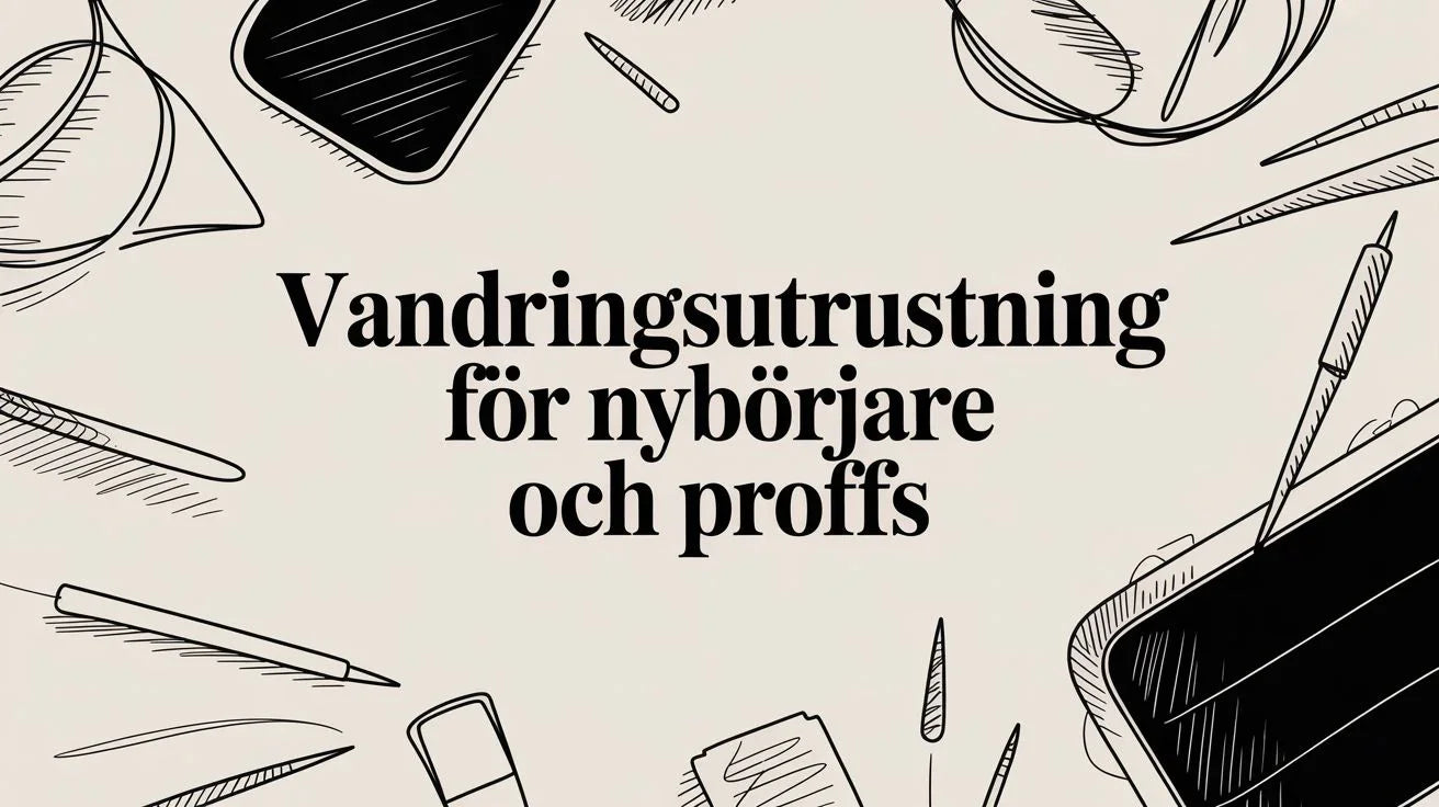 Tecknad illustration av vandringsutrustning med texten Vandringsutrustning för nybörjare och proffs