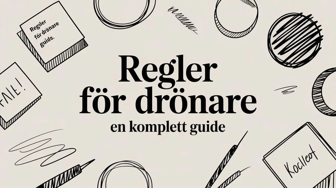 Texten Regler för drönare en komplett guide med skisser och anteckningar i svart på beige bakgrund