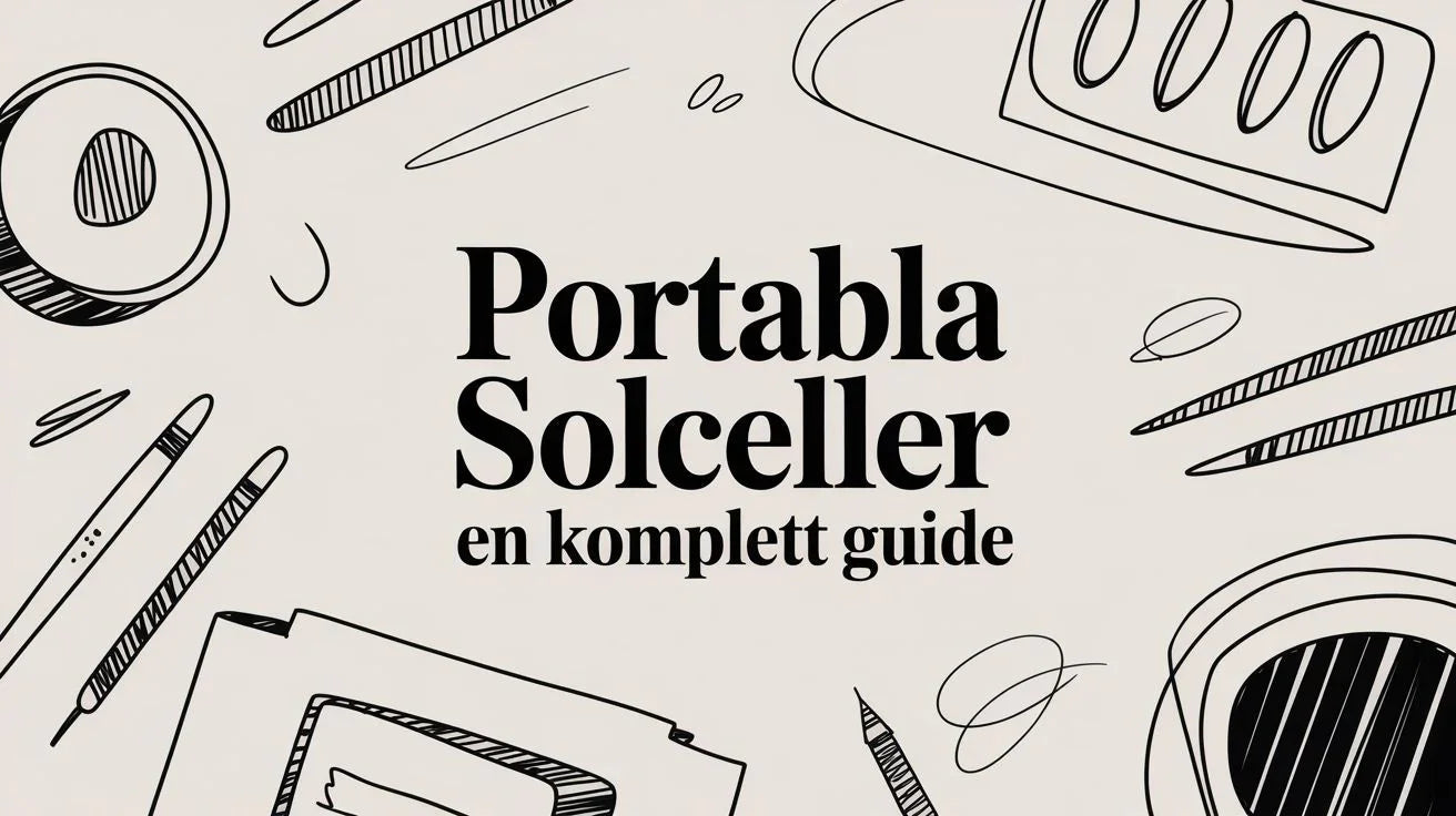 Illustrerad guide till portabla solceller med handritade solcellsdelar i svartvitt