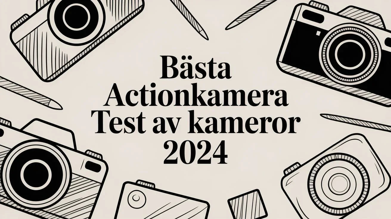 Illustration med tecknade kameror och texten Bästa actionkamera test av kameror 2024