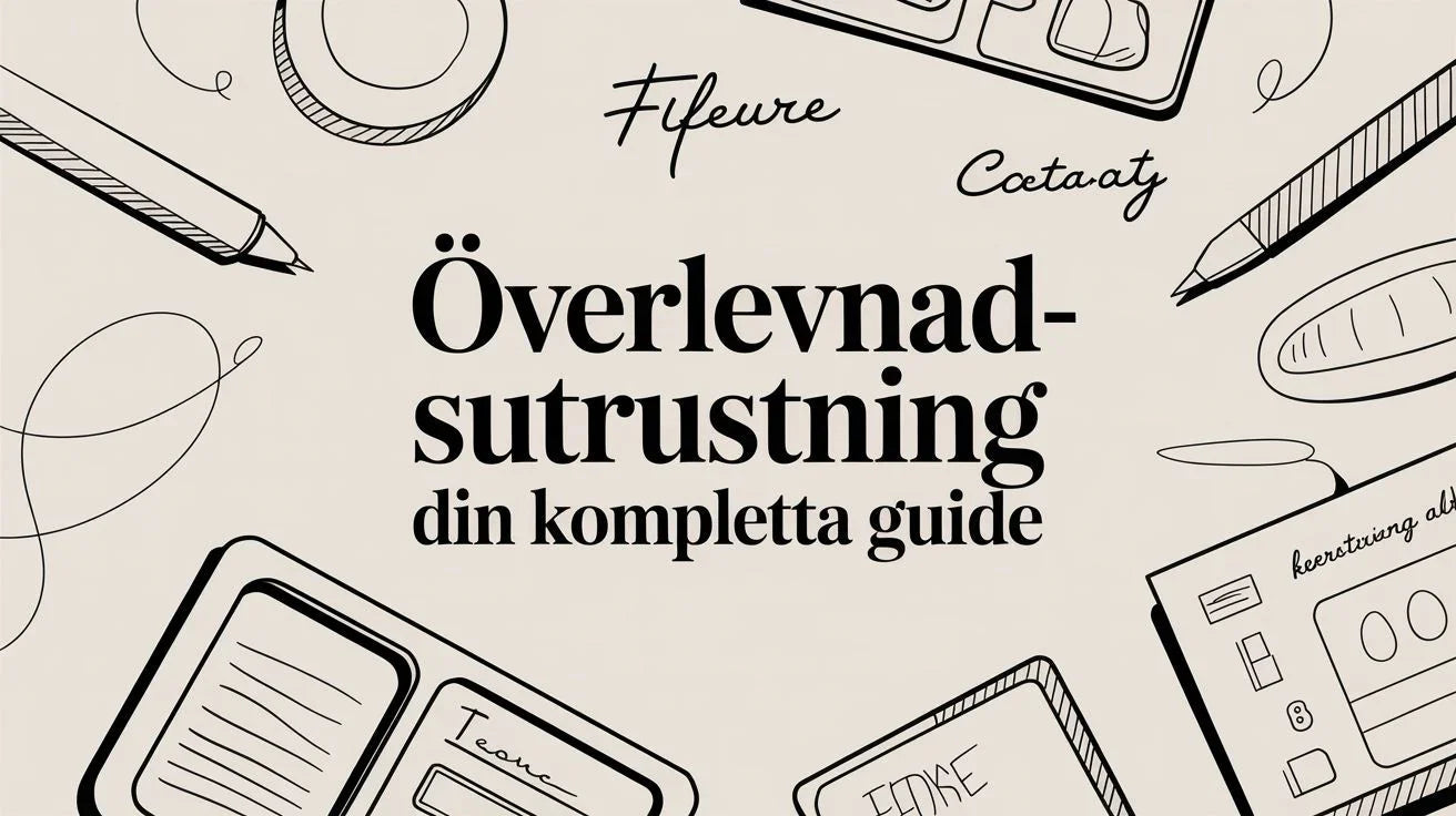 Illustration av överlevnadsutrustning med texten din kompletta guide på svenska