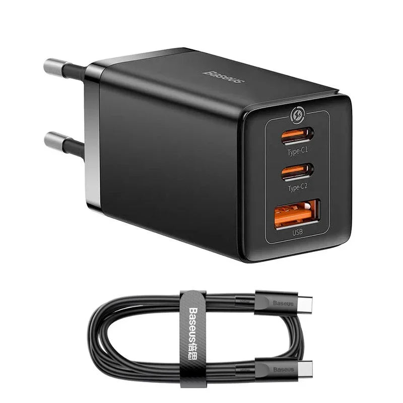 Baseus GaN5 PRO Fast Charger - Väggladdare - Snabbladdare QC4+ / PD 65W - 100-240V till USB - 3xUSB Typ A/C - Svart - Action King