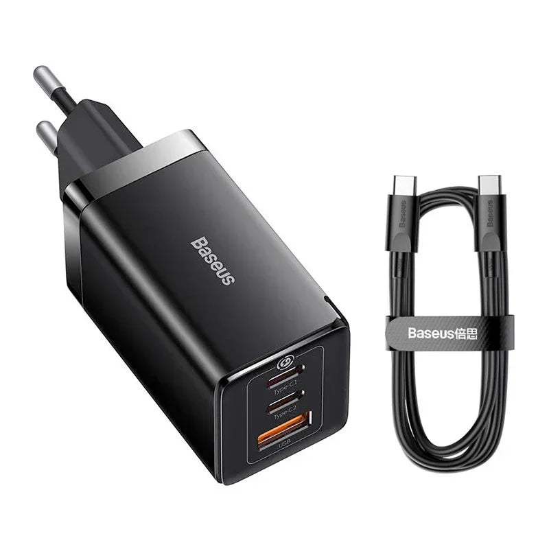 Baseus GaN5 PRO Fast Charger - Väggladdare - Snabbladdare QC4+ / PD 65W - 100-240V till USB - 3xUSB Typ A/C - Svart - Action King