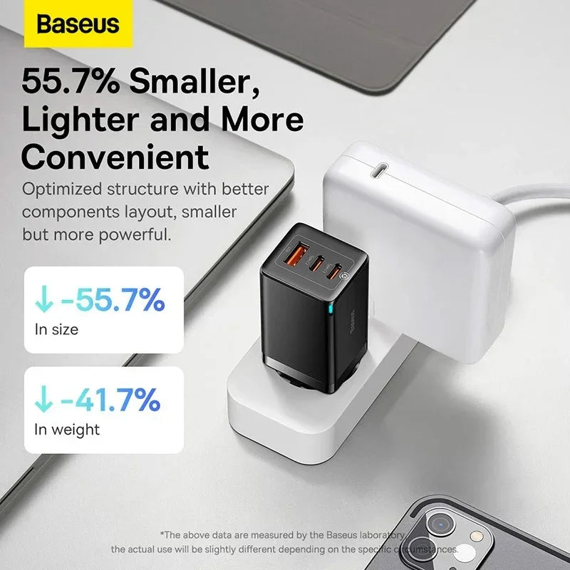 Baseus GaN5 PRO Fast Charger - Väggladdare - Snabbladdare QC4+ / PD 65W - 100-240V till USB - 3xUSB Typ A/C - Svart - Action King