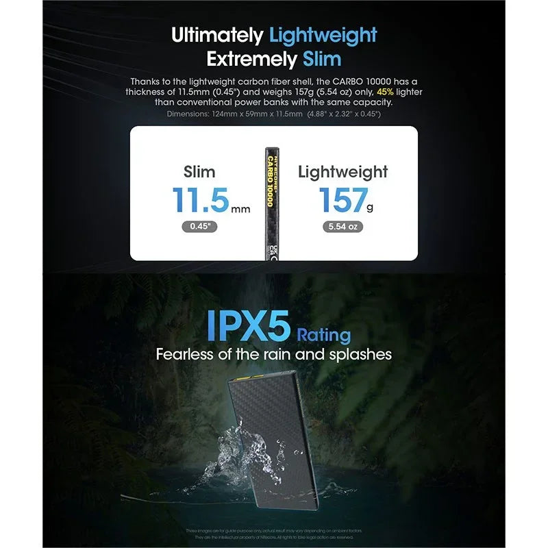 Nitecore CARBO 10000 Power Bank - Portabelt batteri - 10000mAh, 2xUSB Typ A/C, QC 3.0 / PD 20W, 5V, 3A - Kolfiber - Action King