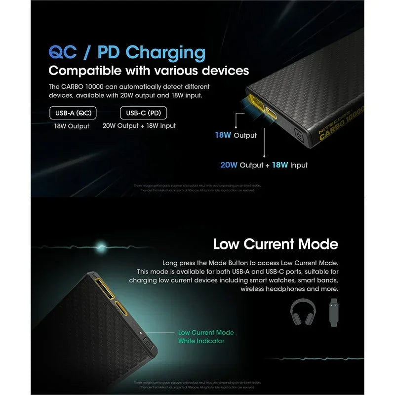 Nitecore CARBO 10000 Power Bank - Portabelt batteri - 10000mAh, 2xUSB Typ A/C, QC 3.0 / PD 20W, 5V, 3A - Kolfiber - Action King