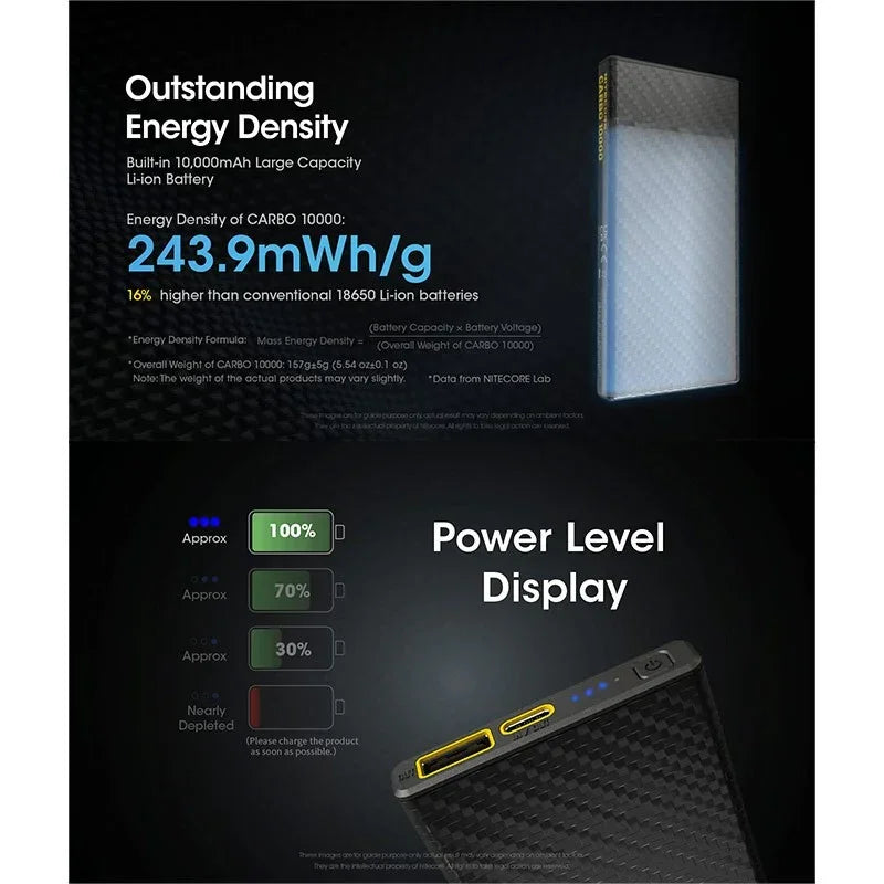 Nitecore CARBO 10000 Power Bank - Portabelt batteri - 10000mAh, 2xUSB Typ A/C, QC 3.0 / PD 20W, 5V, 3A - Kolfiber - Action King