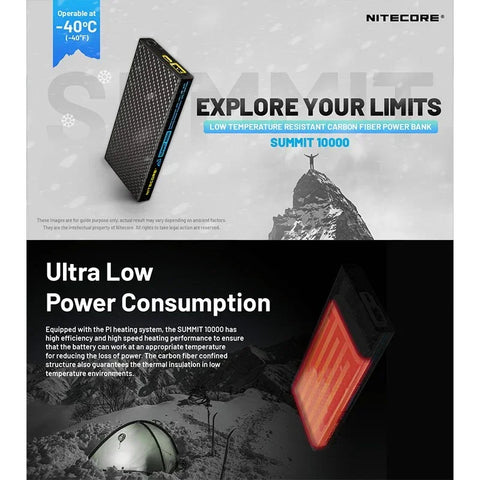 Nitecore Summit 10000 Powerbank - Batteri med Varme - 10000mAh, 2xUSB Type A/C, QC 3.0 / PD 20W, 5V, 3A - Kulfiber