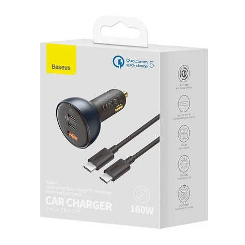 Baseus Qualcomm QC5 Bil - Hurtigoplader Bil QC5 / PPS 160W - 3xUSB Type A/C - Sort