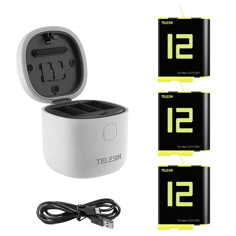 Telesin batterier 3st och allInBox med förvaring för batterier + microSD Läsare - Trippel - för GoPro Hero12/11/10/9 Black - Action King