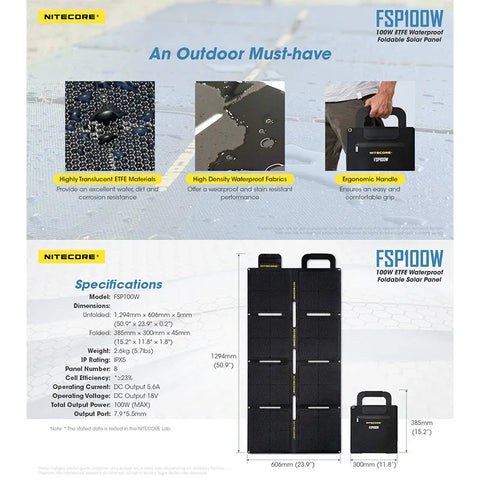 Nitecore FSP100W Vandtæt Foldbart Solpanel 100W - Bærbart Vandtæt Solpanel 100W