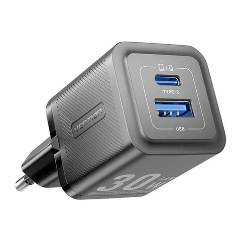 Vention Charger FEQB0-EU GaN - Vægoplader - Hurtigoplader QC3.0+ / PD 30W - 100-240V, 2xUSB Type A/C - Sort