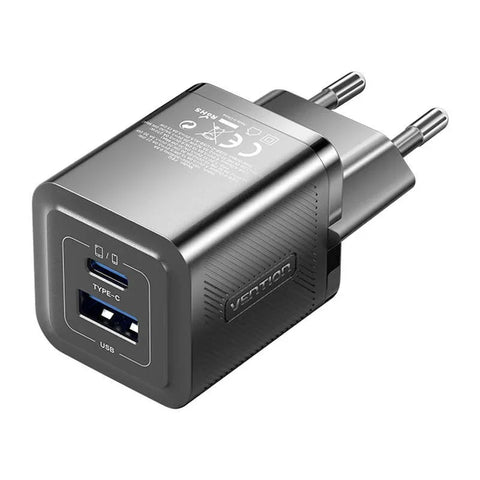 Vention Charger FEQB0-EU GaN - Vægoplader - Hurtigoplader QC3.0+ / PD 30W - 100-240V, 2xUSB Type A/C - Sort