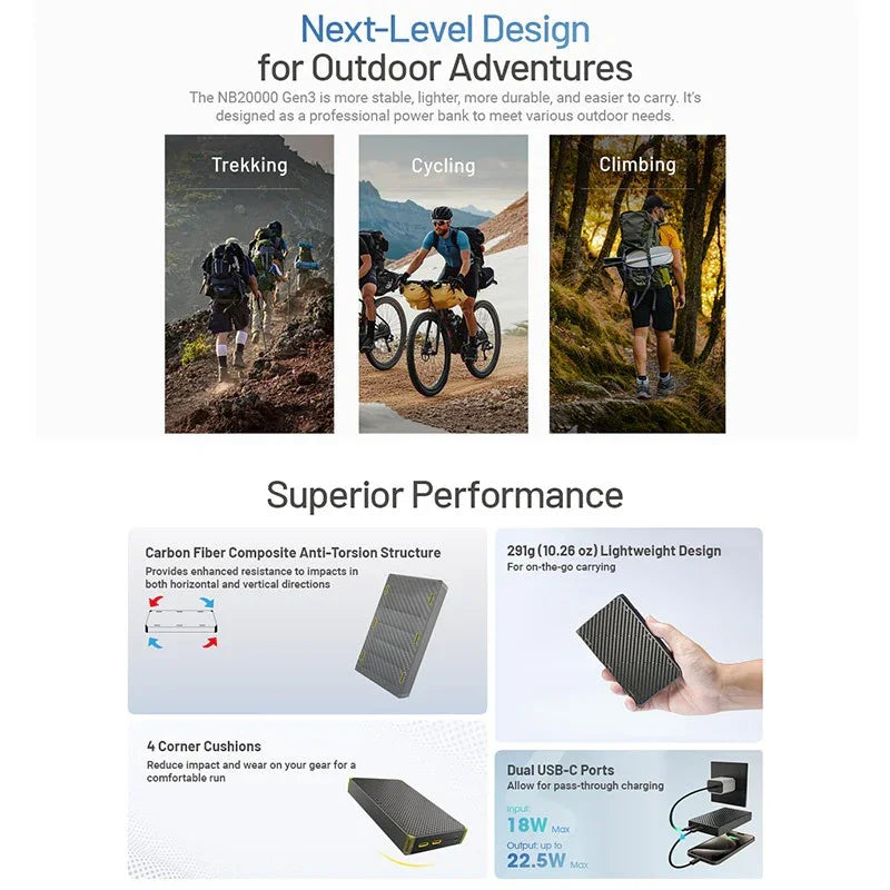 Nitecore NB20000 GEN3 Power bank - 20000mAh, 2xUSB-C, QC 3.0 / PD - Kolfiber - Action King