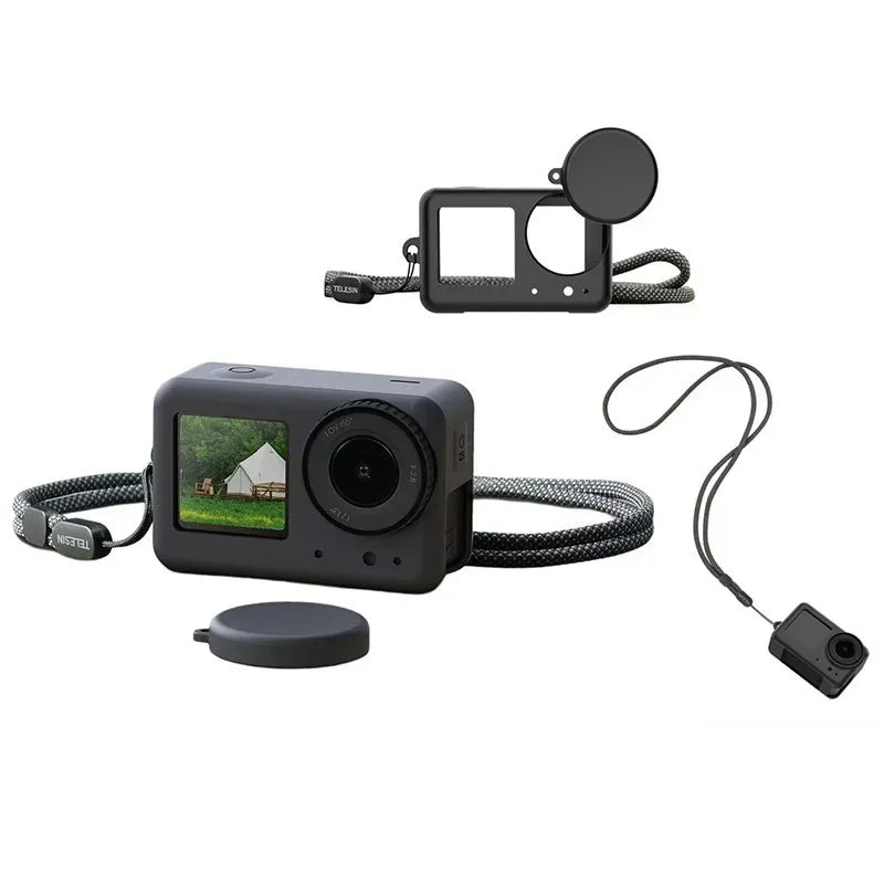 Telesin Skal i silikon med nack/handledsrem och linsskydd till DJI Osmo Action 5 Pro/4/3 - Svart - Action King