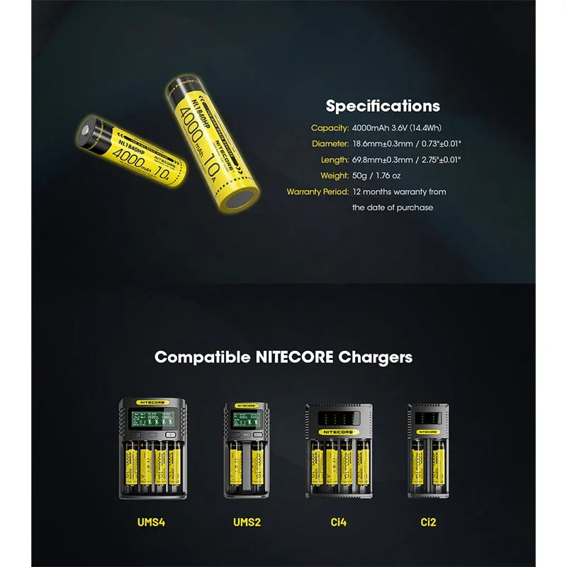 Nitecore NL1840HP Li-ion 18650 Batteri - 4000mAh, 3.6V, Max 10A – ActionKing - Action King