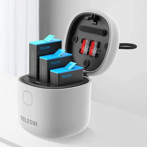 Telesin Batterioplader allInBox med opbevaring til batterier + microSD-læser - Triple - til GoPro Hero12/11/10/9 Sort