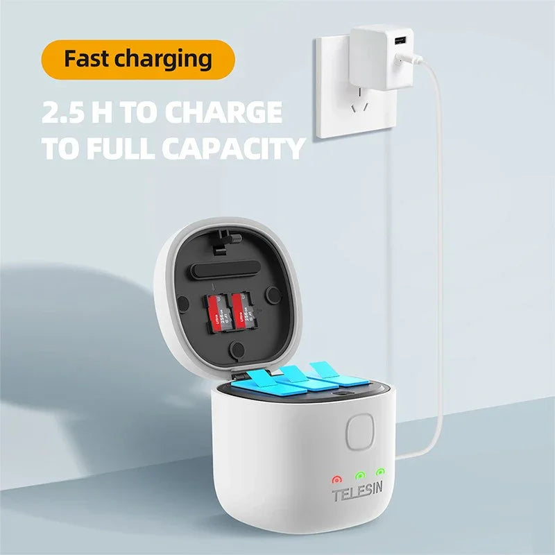 Telesin Batteriladdare allInBox med förvaring för batterier + microSD Läsare - Trippel - för GoPro Hero12/11/10/9 Black - Action King